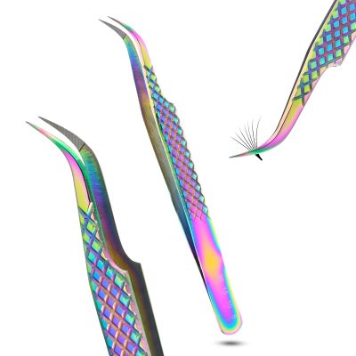 Fiber Tip Lash Tweezer Classic Curved Tip Non Slip Diamond Grip, Precision Extension Tool for Volume, Cluster & Classic Styles, Stainless Steel Applicator for Eyelash Extensions (Rainbow)