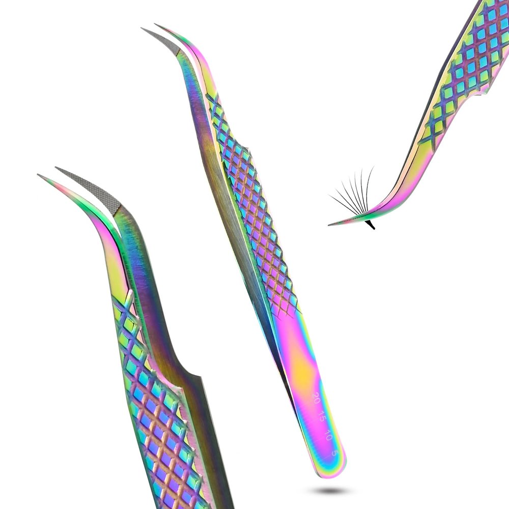 Fiber Tip Lash Tweezer Classic Curved Tip  Non Slip Diamond Grip, Precision Extension Tool for Volume, Cluster & Classic Styles, Stainless Steel Applicator for Eyelash Extensions (Rainbow)