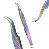 Fiber Tip Lash Tweezer Classic Curved Tip  Non Slip Diamond Grip, Precision Extension Tool for Volume, Cluster & Classic Styles, Stainless Steel Applicator for Eyelash Extensions (Rainbow) view 1