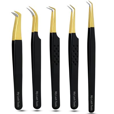 5pcs Fiber Tip Lash Tweezers Set Curved Classic, Boot Volume, 90 & 45 Angle, Isolation Tweezer for Eyelash Extensions, Precision Stainless Steel, Professional Non-Slip Application Kit