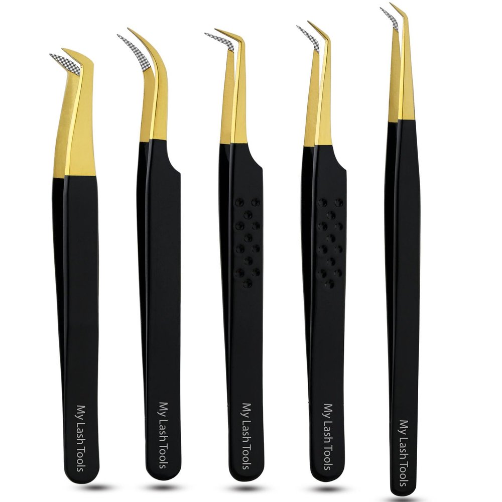 5pcs Fiber Tip Lash Tweezers Set  Curved Classic, Boot Volume, 90 & 45 Angle, Isolation Tweezer for Eyelash Extensions, Precision Stainless Steel, Professional Non-Slip Application Kit