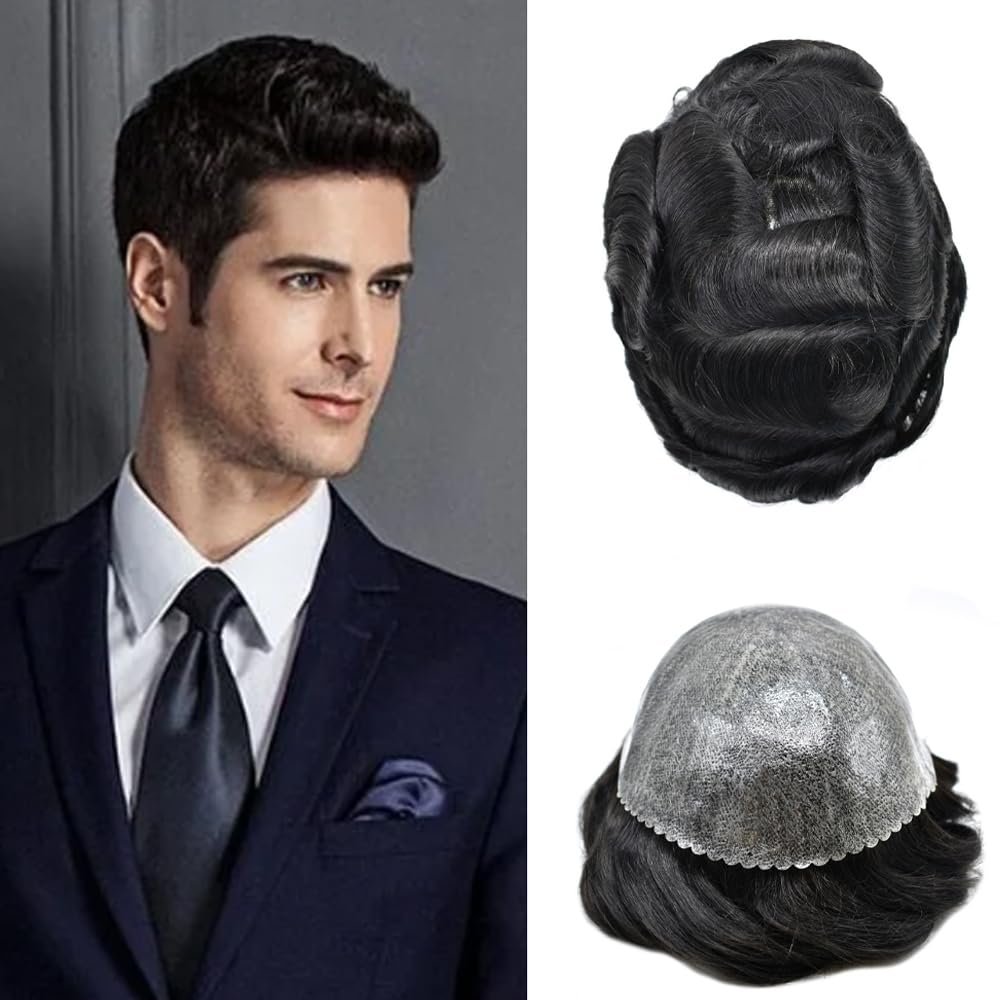 Hair Replacement System - All Poly Skin Toupee With 0.10mm Injected PU for Men, 8X10" 110% Density Natural Black #1B