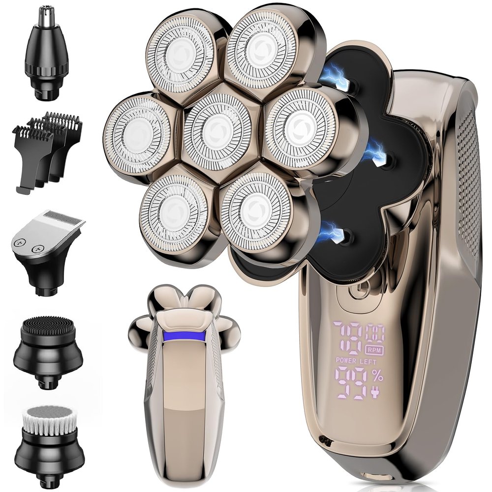Electric Head Shaver Bald Men - 7D Magnetic Face Heads Shavers Hair Clippers Wet Dry Shaving Kit for Men Gift Set Waterproof Razor Rotary Blade Beard Nose Trimmer, USB Type-C Rechargeable LED Display