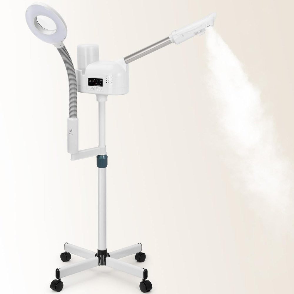 Professional Facial Steamer with 5X Magnifying Lamp, 2 in 1 Facial Steamer Upgrade PTC Heating, Esthetician Steamer Black Face Steamer for Salon Spa Beauty Skin Care (White)