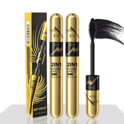 2pcs 2 in 1 Double Black 4D tubing Mascara Volume and Length Silk Fiber Lash Liquid Extension 5X Longer, Smudge Proof Waterproof and Sweat Resistant Fuller Mascara (2pcs)
