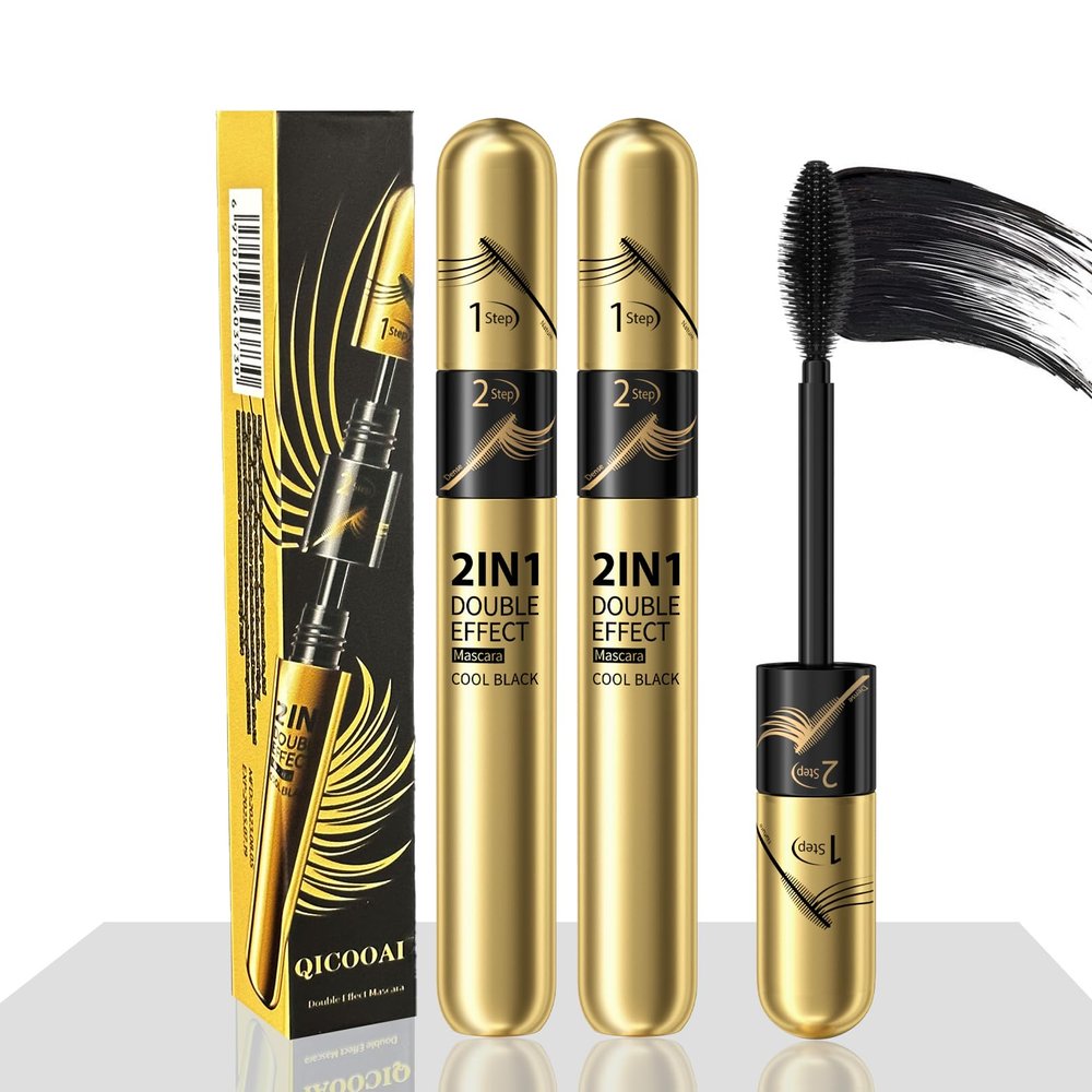 2pcs 2 in 1 Double Black 4D tubing Mascara Volume and Length Silk Fiber Lash Liquid Extension 5X Longer, Smudge Proof Waterproof and Sweat Resistant Fuller Mascara (2pcs)