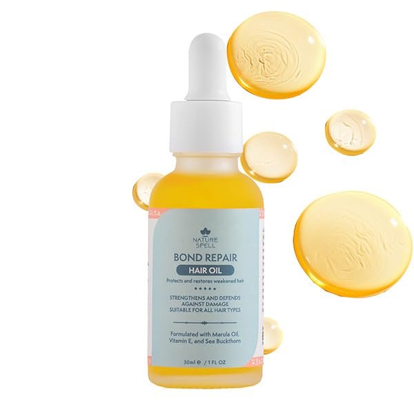 Nature Spell Bond Repair Hair Oil for Dry & Damaged Strands, Sulfate & Paraben Free, Smoothes Split Ends, Hydrates & Restores Weakened Tresses, with Marula & Vitamin E Oil, Color Safe, Vegan, 1 fl oz