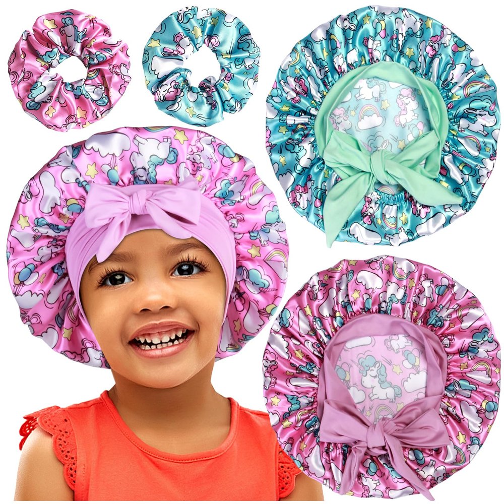 2+2 Satin Bonnets with Scrunchies for Kids, Cute Hair Bonnets for Girls Sleeping Curly Hair, E