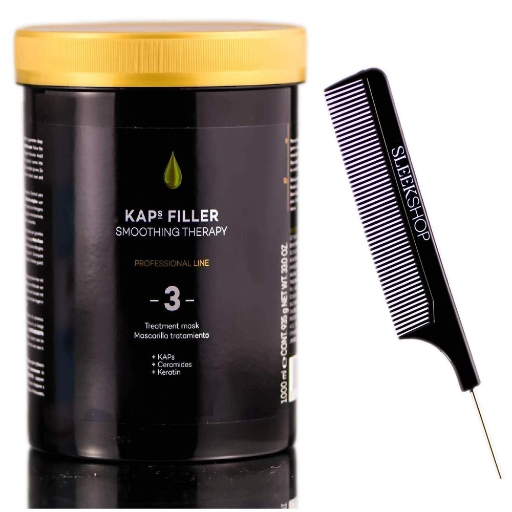 hepq SIeekshop Comb + m Cosmetics KAPs Filler Smoothing Therapy 3 Treatment Mask Conditioner, (w/Sleek Comb) Kap + Ceramides + Keratin (.) (33 oz LITER size)