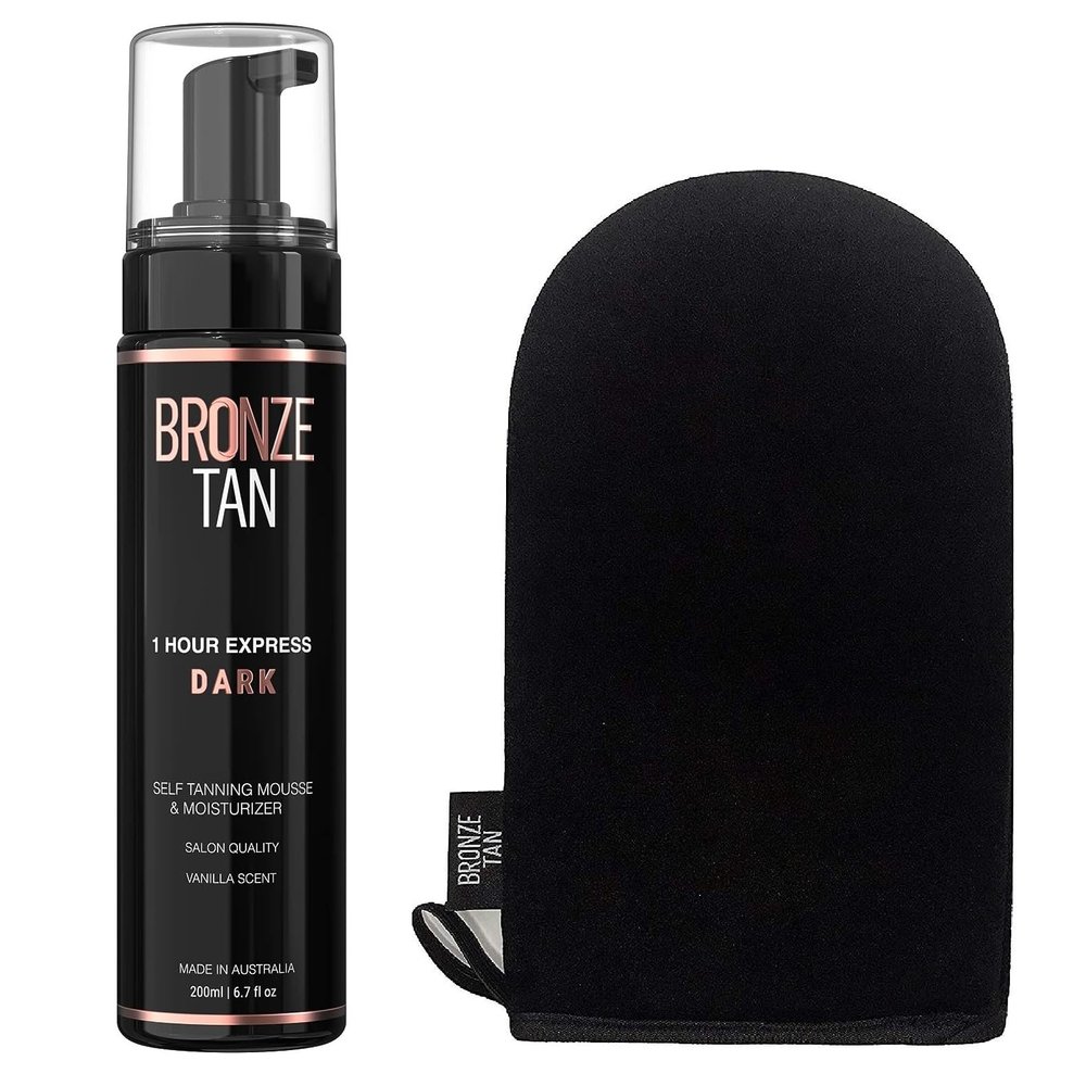 Bronze Tan Dark Self Tanner Mousse & Washable Self Tanning Mitt Set - Salon-Quality Sunless Tanner Foam for All Skin Tones - Vanilla Scented, 6.7 oz - Self Tan Application Kit