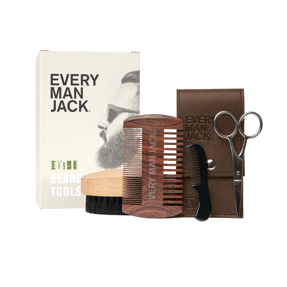 Every Man Jack Beard Grooming Tool Gift Set for Men Includes Dual-Tooth Comb, Beard Brush, Stainless Steel Shears & Mini Comb Travel Friendly & Perfect for Daily Maintenance