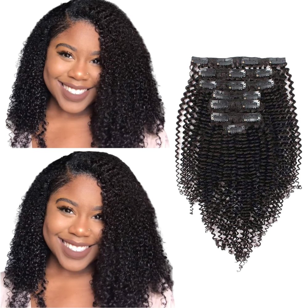 ABH AMAZINGBEAUTY Kinky Curly Human Hair Clip ins - 22 Inch, 7 Pcs Full Head - 3c/4a Brazilian Remy - Natural Black