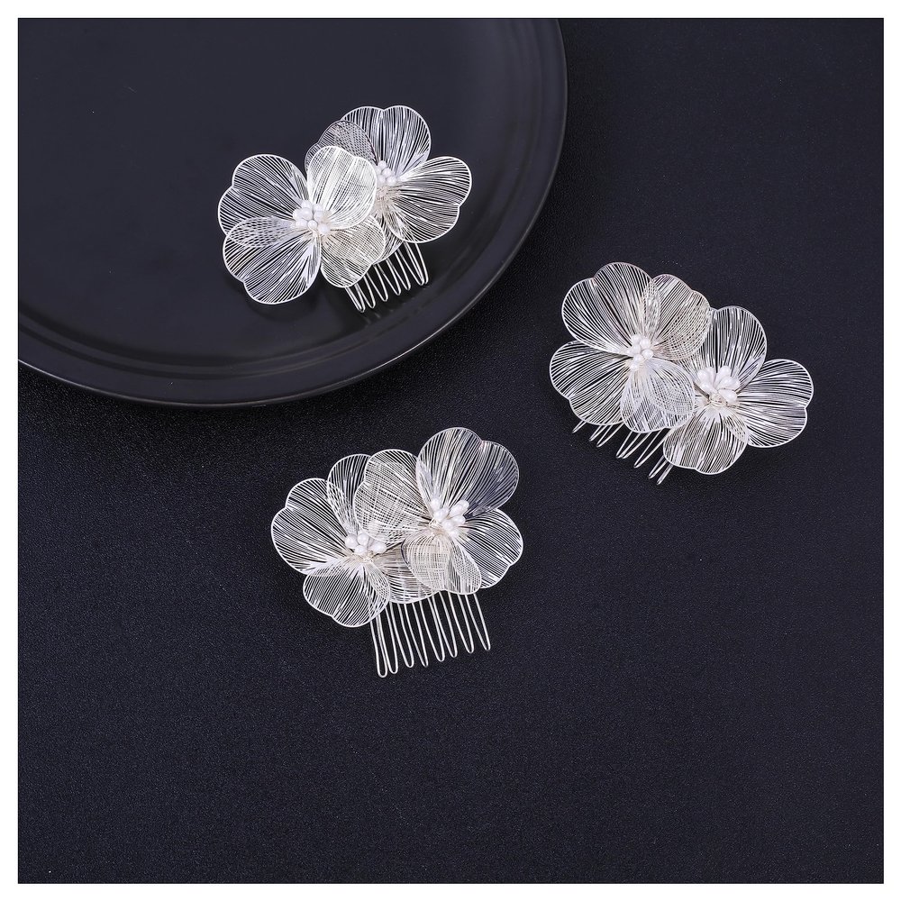 3Pcs Wedding Flower Bridal Hair Combs Handmade Gold Vintage Wedding Hair Comb Rhinestones Bridal Hair Pieces (Silver)