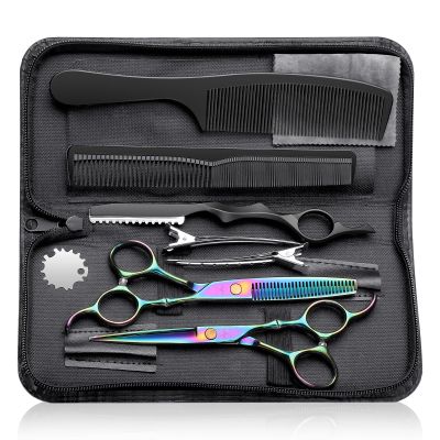 PURPLEBIRD Hair Cutting Scissors Kit, Professional Barber Scissors Hairdressing Shears Set with Stainless Steel Hair Scissor Thinning Scissor for Men Women Pet 10 Pcs Rainbow