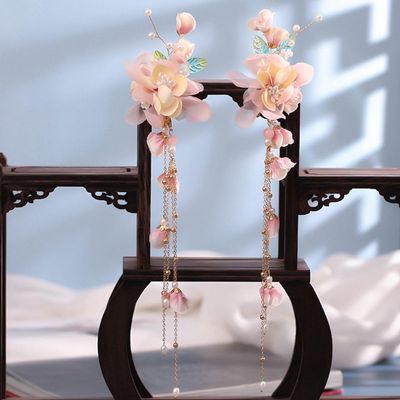 2pcs Hanfu Hairpin Vintage Hair Clip Long Tassel Flowers Hair Stick Hanfu Headpieces Hairpins Jade Flower Hairpins Women Hair Accessories (A)