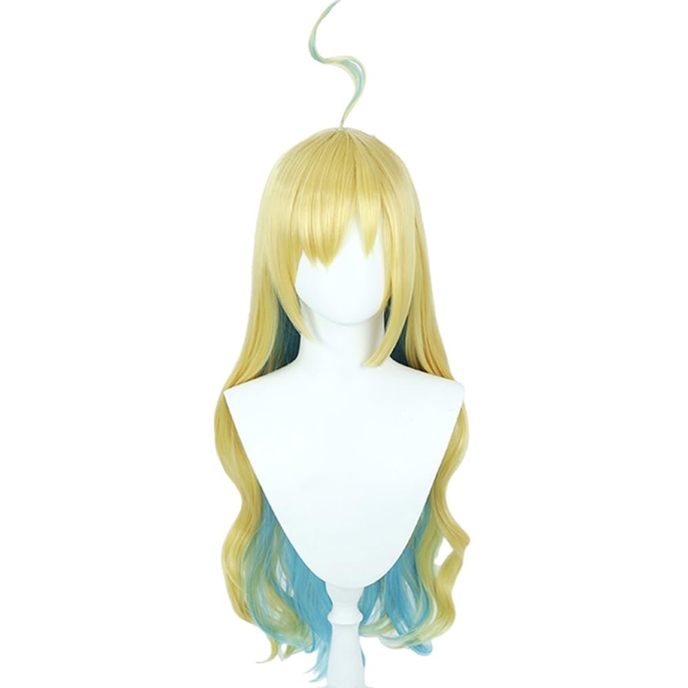 osseoca Light blonde blue green splicing long curly hair big wave curls bangs cos anime exhibition wig + ears 80cm 31inch (Neo Universe:wig + ears)