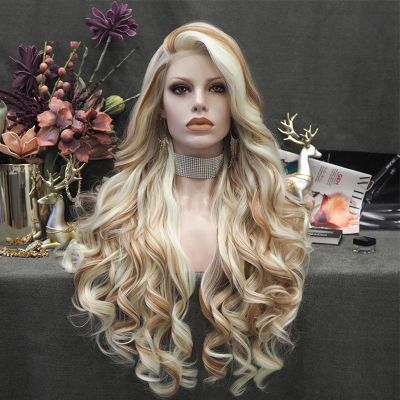 IMSTYLE Highlight Brown Blonde Piano Color Long Synthetic Lace Front Wigs for Women Thick Synthetic Drag Wig Heat Resistant Hair with Natural Hairline 26 Inch