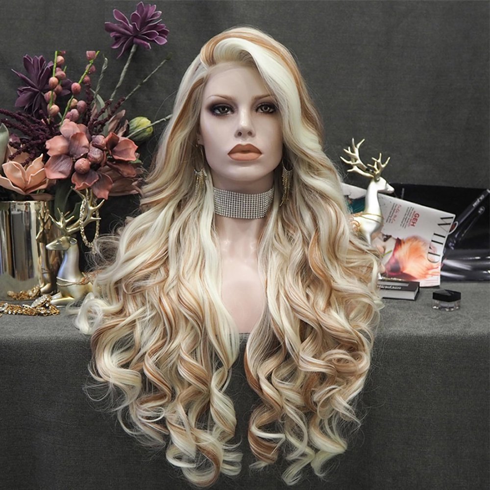 IMSTYLE Highlight Brown Blonde Piano Color Long Synthetic Lace Front Wigs for Women Thick Synthetic Drag Wig Heat Resistant Hair with Natural Hairline 26 Inch