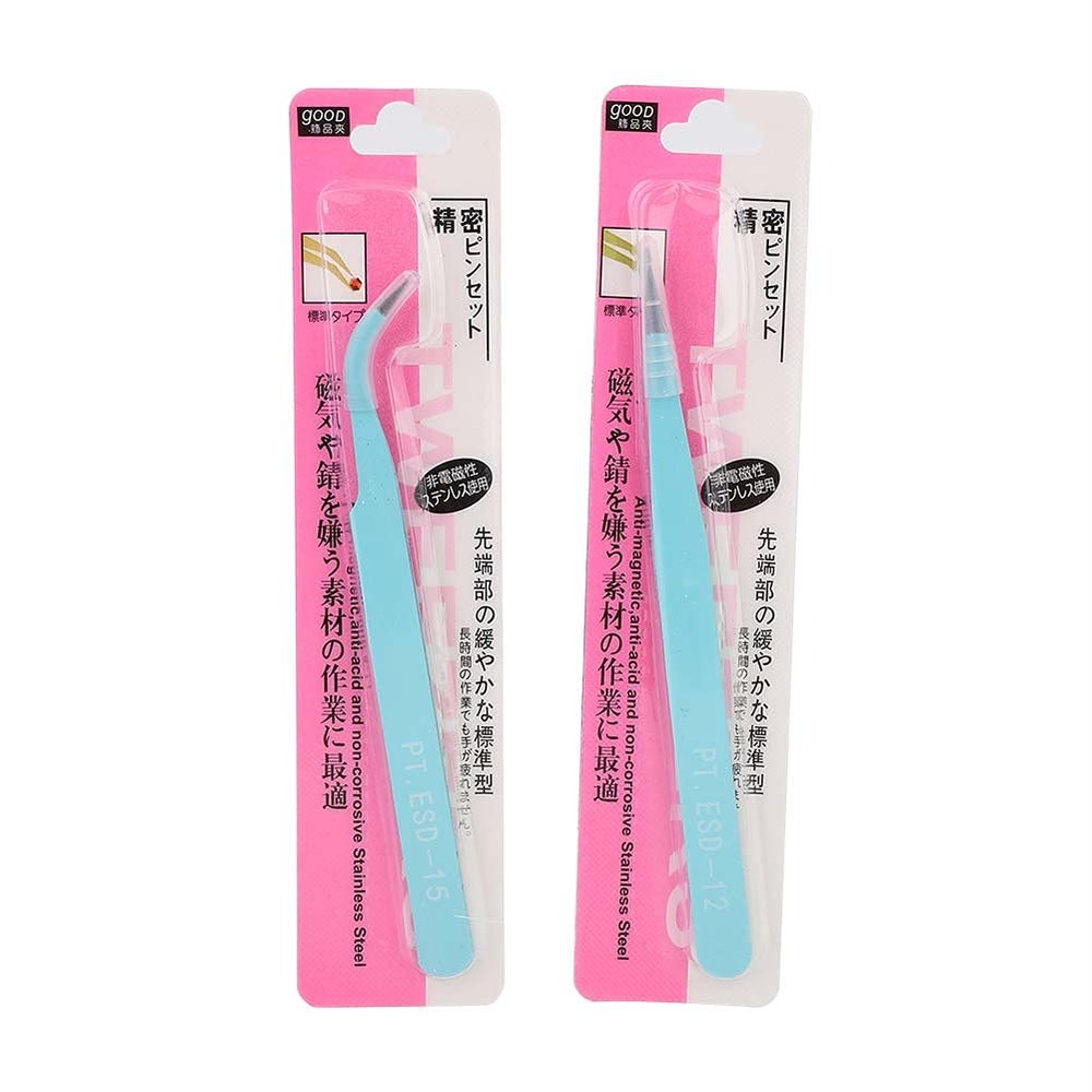 2Pcs Stainless Steel Nail Art Tweezers, Multifunctional Nail Art Sticker for Eyelash Extensions, Anti static Straight Curved Head Manicure Tweezers for Women(Blue)