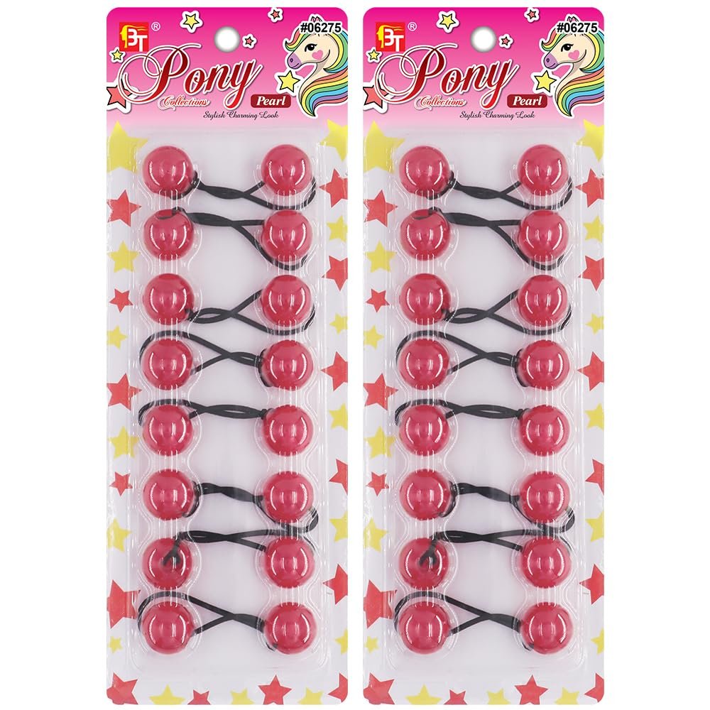 16 Pcs 20mm Hair Ties Hair Accessories for Girls Pearl Color Hair Ties with Balls Bubble Twinbead Ponytail Holders (Red)