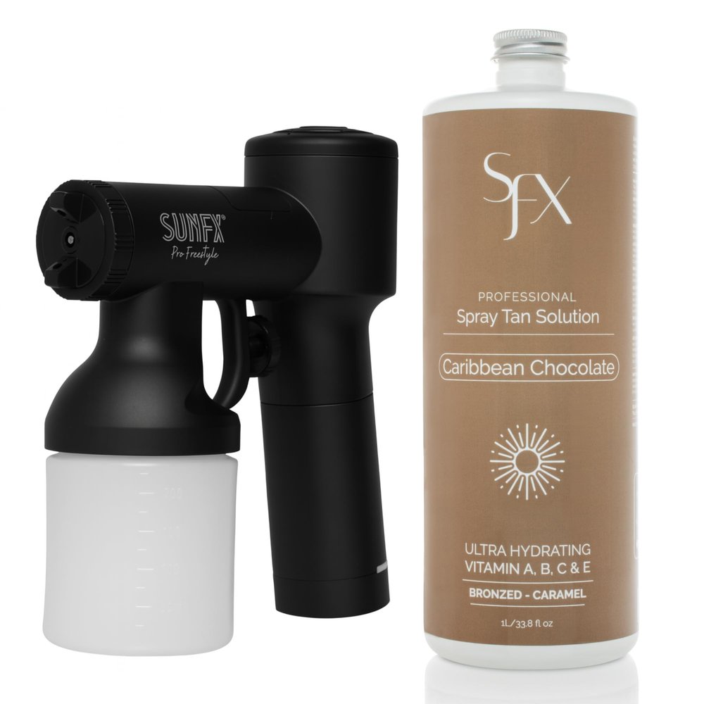 SunFX Pro Freestyle Handheld Portable Spray Tan Cordless Machine With Carry Case (Latte) | Caribbean Chocolat-All Natural Spray Tanning Solution(1L/33.8 fl oz, MID SUMMER)