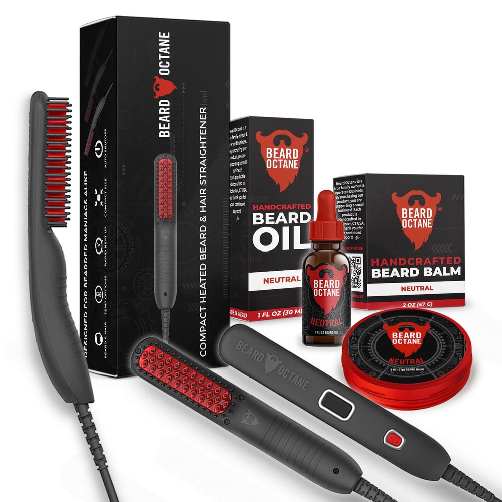 Beard Octane: Beard Straightener Smooth & Style Kit - Natural Beard Balm & Beard Oil w/Argan Oil - Unscented - Ceramic Heated Straightener Brush - Gift for Dad