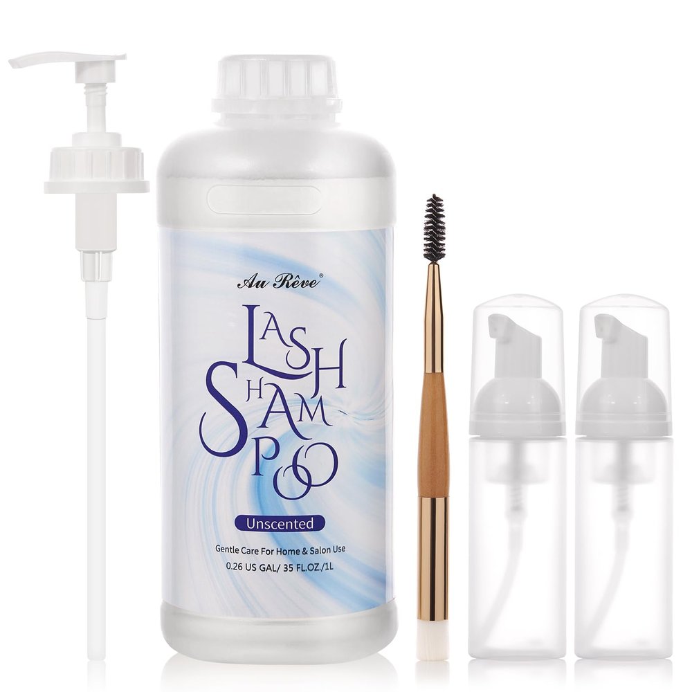 AuReve Lash Shampoo for Lash Extensions 1L/35fl.oz Eyelash Extension Cleanser Lash Cleaning Kit, Gentle Foaming Eyelash Shampoo with Brush and Wash Bottle for Salon Home Care Unscented