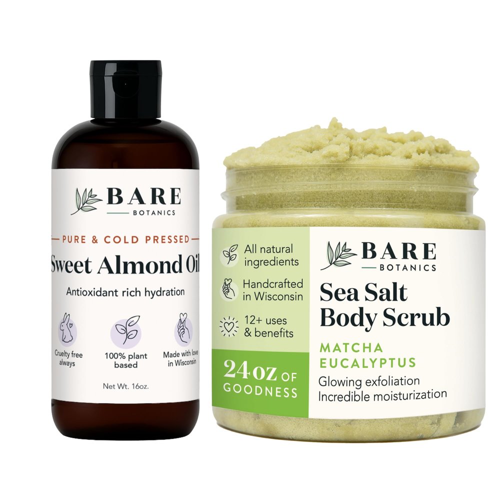 Bare Botanics Sweet Almond Hair & Body Oil + Matcha Eucalyptus Body Salt Scrub
