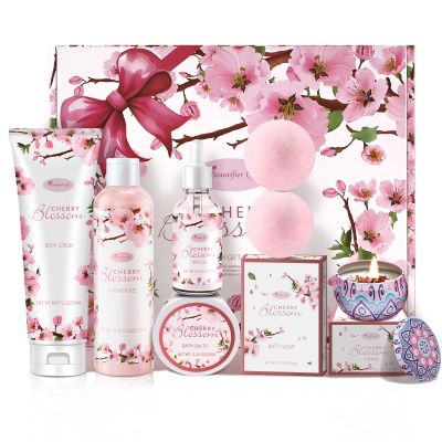 Beautifier Life Bath and Body Gift Set for Women - Luxurious Home Spa Gift Set,Japanese Cherry Blossom 7-Piece Set Including Shower Gel,Body Lotion,Bath Oil,Bath Salt,Soap,Bath Bombs and Candle