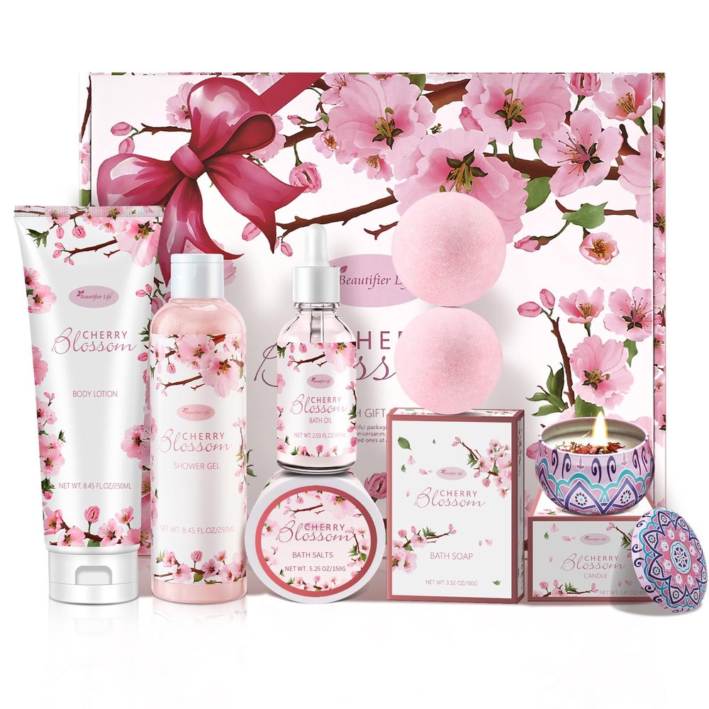 Beautifier Life Bath and Body Gift Set for Women - Luxurious Home Spa Gift Set,Japanese Cherry Blossom 7-Piece Set Including Shower Gel,Body Lotion,Bath Oil,Bath Salt,Soap,Bath Bombs and Candle
