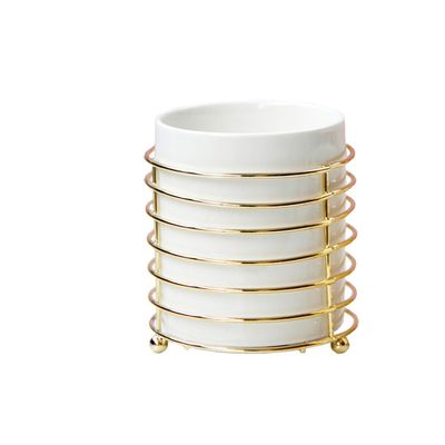 Alipher Makeup Brush Holder Ceramic Cosmetic Brush Organizer Portable Makeup Brush Cup Desktop Jewelry Storage Bottle For Office Bathroom (8.7 * 9.8CM, Gold)