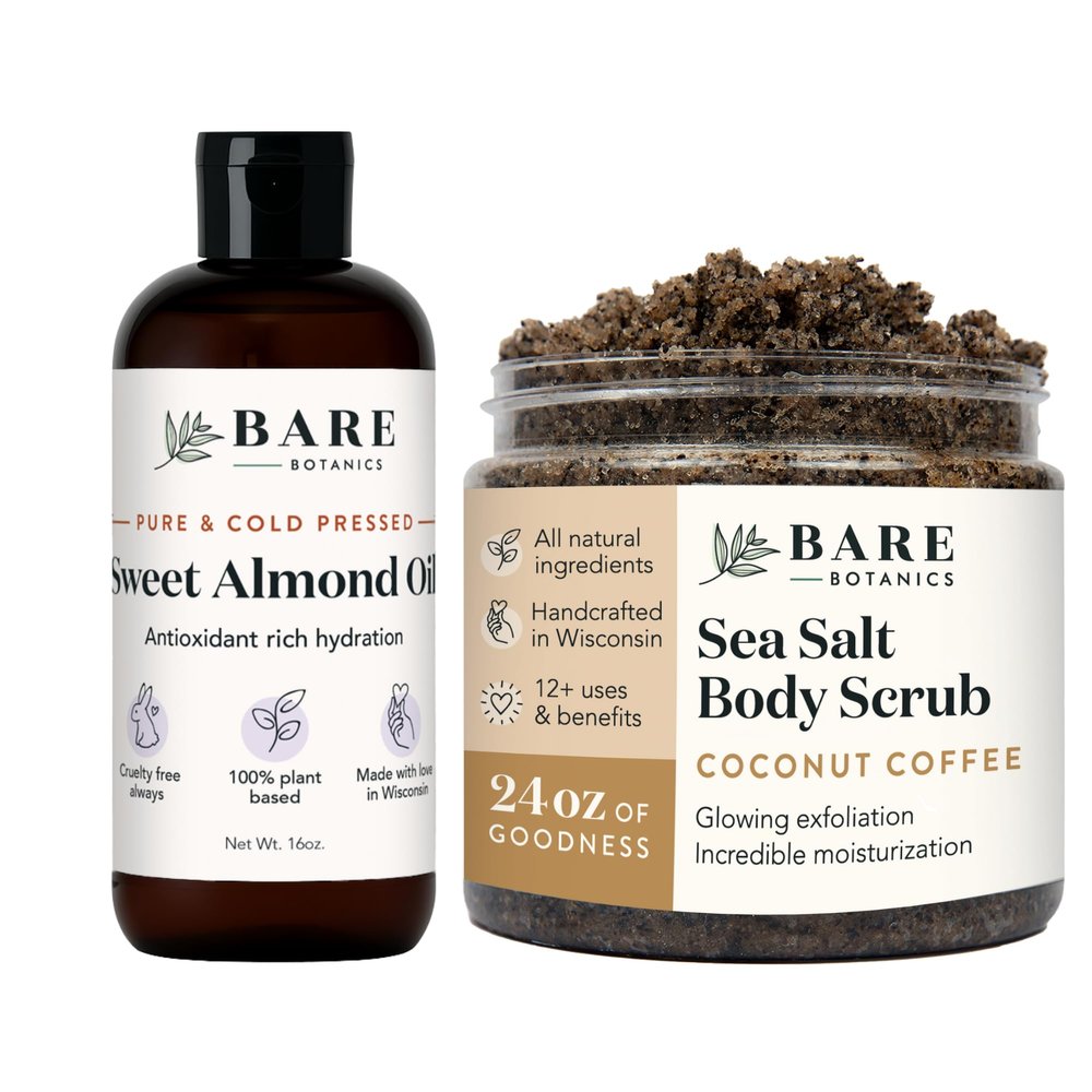Bare Botanics Sweet Almond Hair & Body Oil + Coconut Coffee Body Salt Scrub