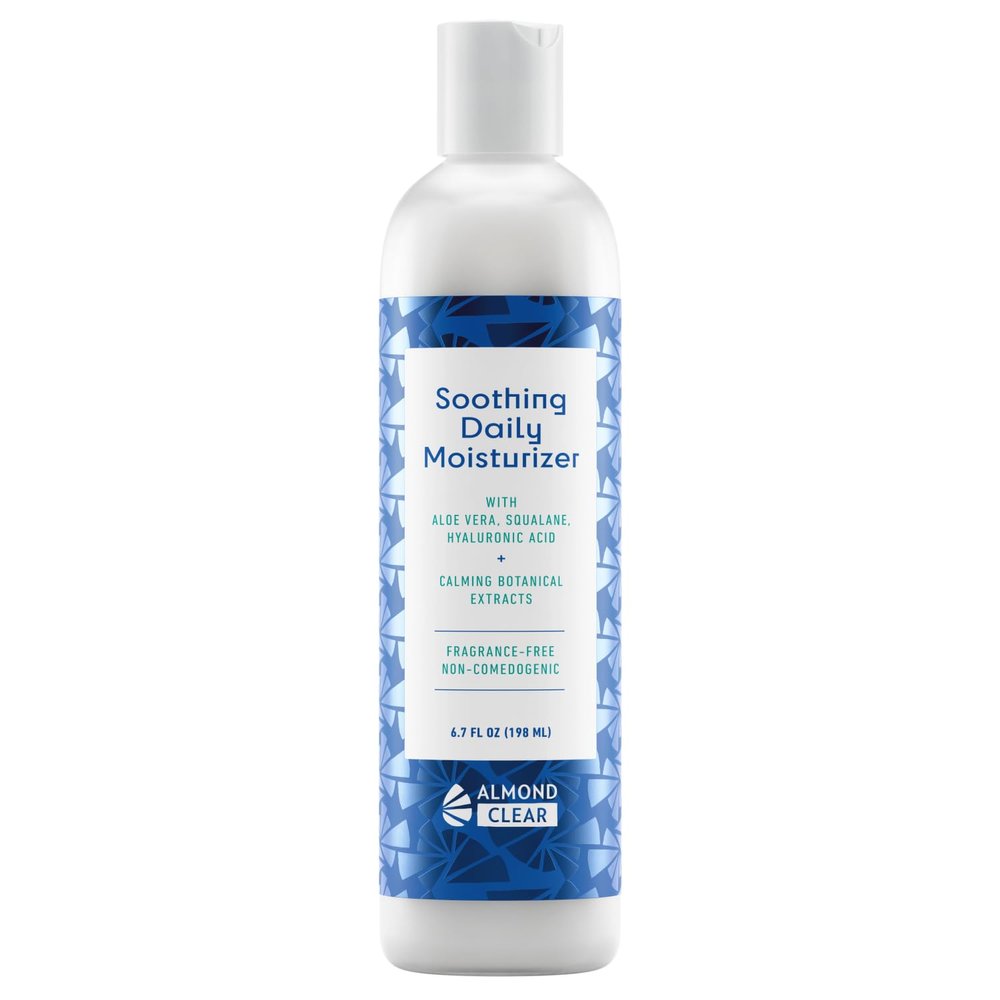 Almond Clear Soothing Daily Moisturizer | Lightweight Hydrating Moisturizer for Acne-Prone Skin on Face and Body | Mandelic Acid, Aloe Vera, Squalane, Hyaluronic Acid & Botanical Extracts | 6.7 oz