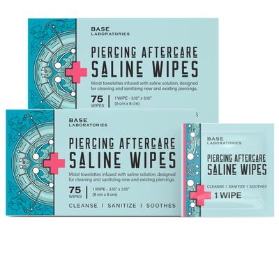 Base Labs Piercing Aftercare Wipes | Cleanses & Sanitizes | Piercing Cleaner Wipes for Nose, Ear, Belly, Lips | Saline Solution for Piercings | Keloid Bump Removal & Piercing Bump Treatment | 2PK