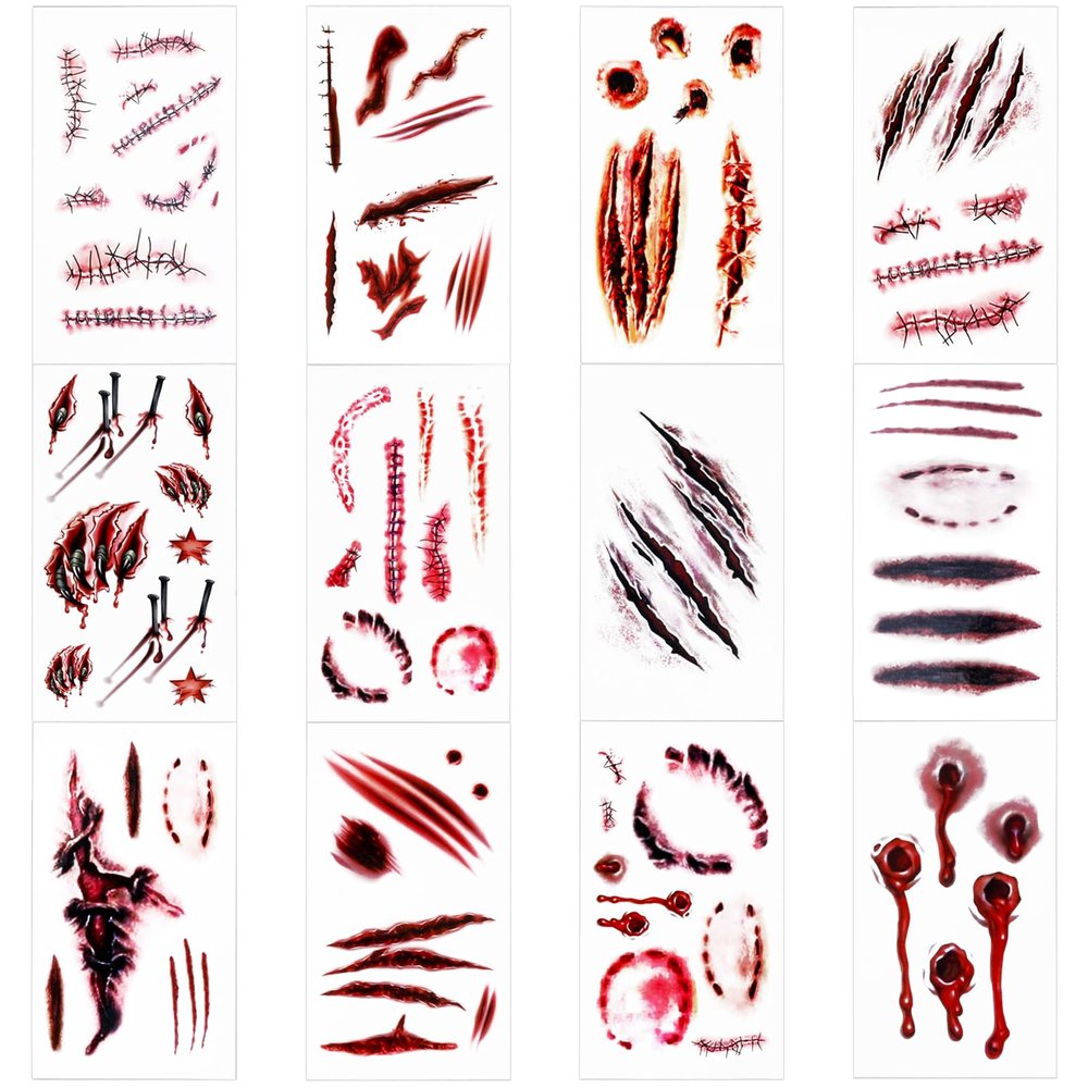 12 Sheets Scratch Tattoos Halloween Scar Temporary Tattoos Realistic Scar Tattoo Sticker Fake Scars Temporary Tattoos Waterproof Horror Fake Wound Tattoo Stickers For Cosplay Zombie Makeup Party