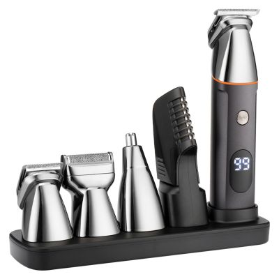 Mens Beard Trimmer 5 in 1 Cordless Hair Trimmer Kit, Waterproof Electric Nose Hair Trimmer USB Rechargeable and LED Display Hair Cutting Kit (Silvery)