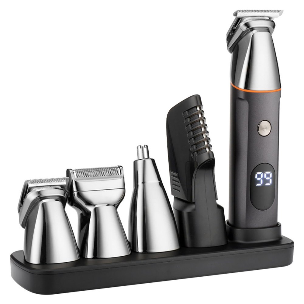Mens Beard Trimmer 5 in 1 Cordless Hair Trimmer Kit, Waterproof Electric Nose Hair Trimmer USB Rechargeable and LED Display Hair Cutting Kit (Silvery)