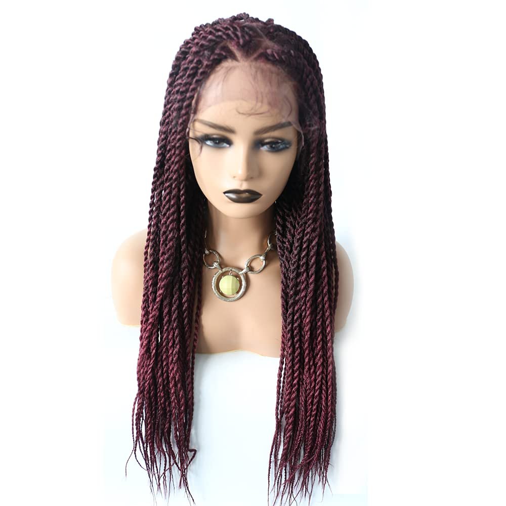 31" Full Lace Front Box Braid Wigs With Micro Cornorow Braid Natural Hairline Curly Synthetic Wigs For African American Women (#1B/99JT Black Mix Wine Red)