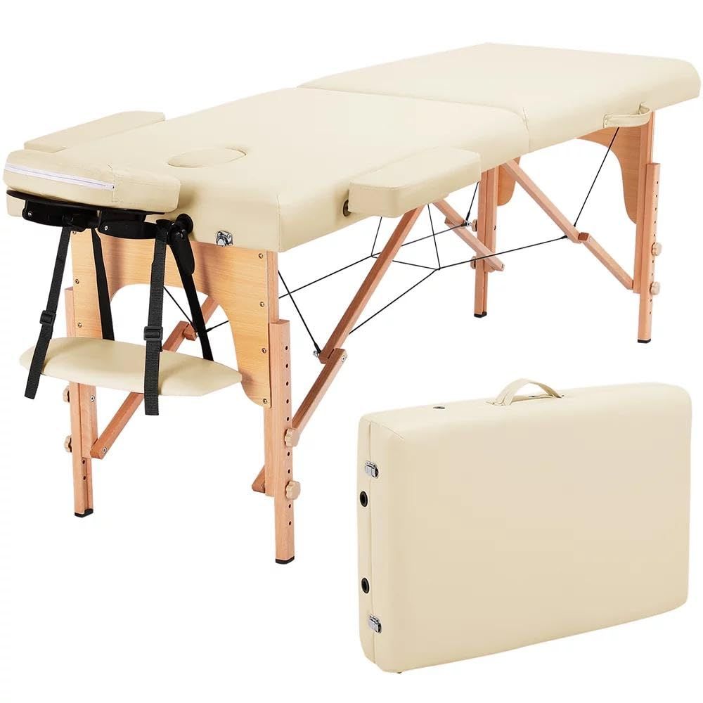 CHRUN Massage Table Foldable Portable Massage Table Massage Bed Eyelash Bed Face Spa Tattoo Table Height Adjustment with Accessories & Carry Bag 2 Folding (Yellow)