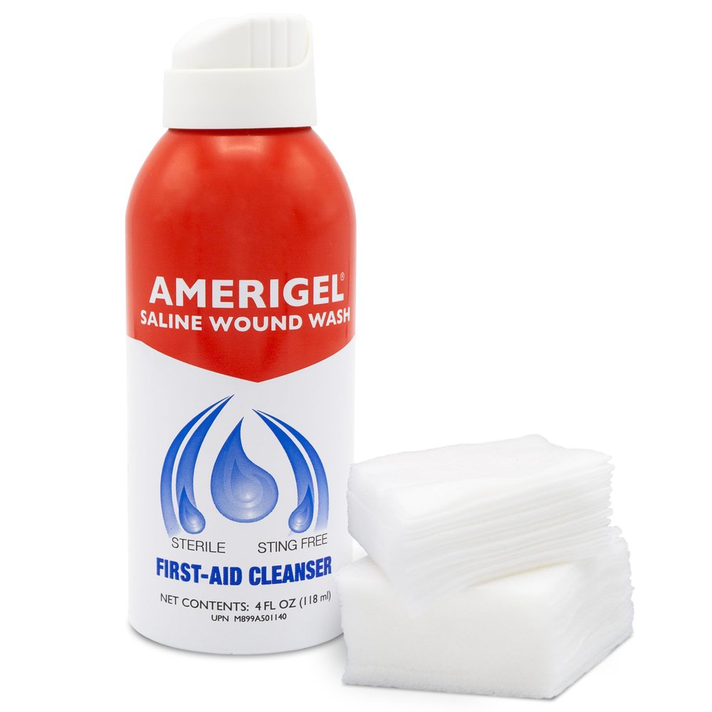 AMERIGEL Piercing Cleansing Aftercare Kit- Saline Wound Wash (4 oz.) + 2x2 Gauze Pads (Qty. 30) | Sterile Cleansing | Sterile Solution | Body Piercing | Body Modification | Portable and Compact