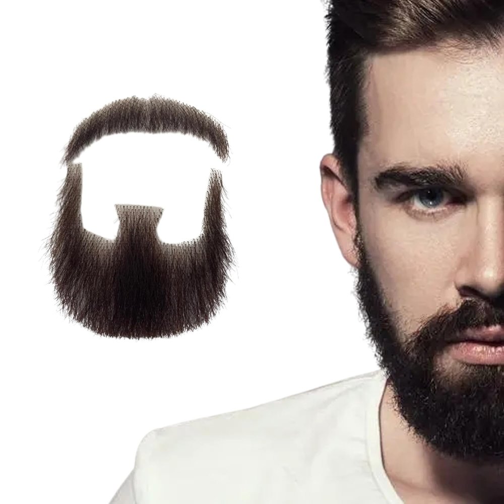 Volora Fake Beard Realistic Human Hair Full Hand Tied Facial Hair False Beards Lace Invisible Fake Face Mustache for Party Movie Makeup Halloween Cosplay Costume Party (Style-1, Brown)