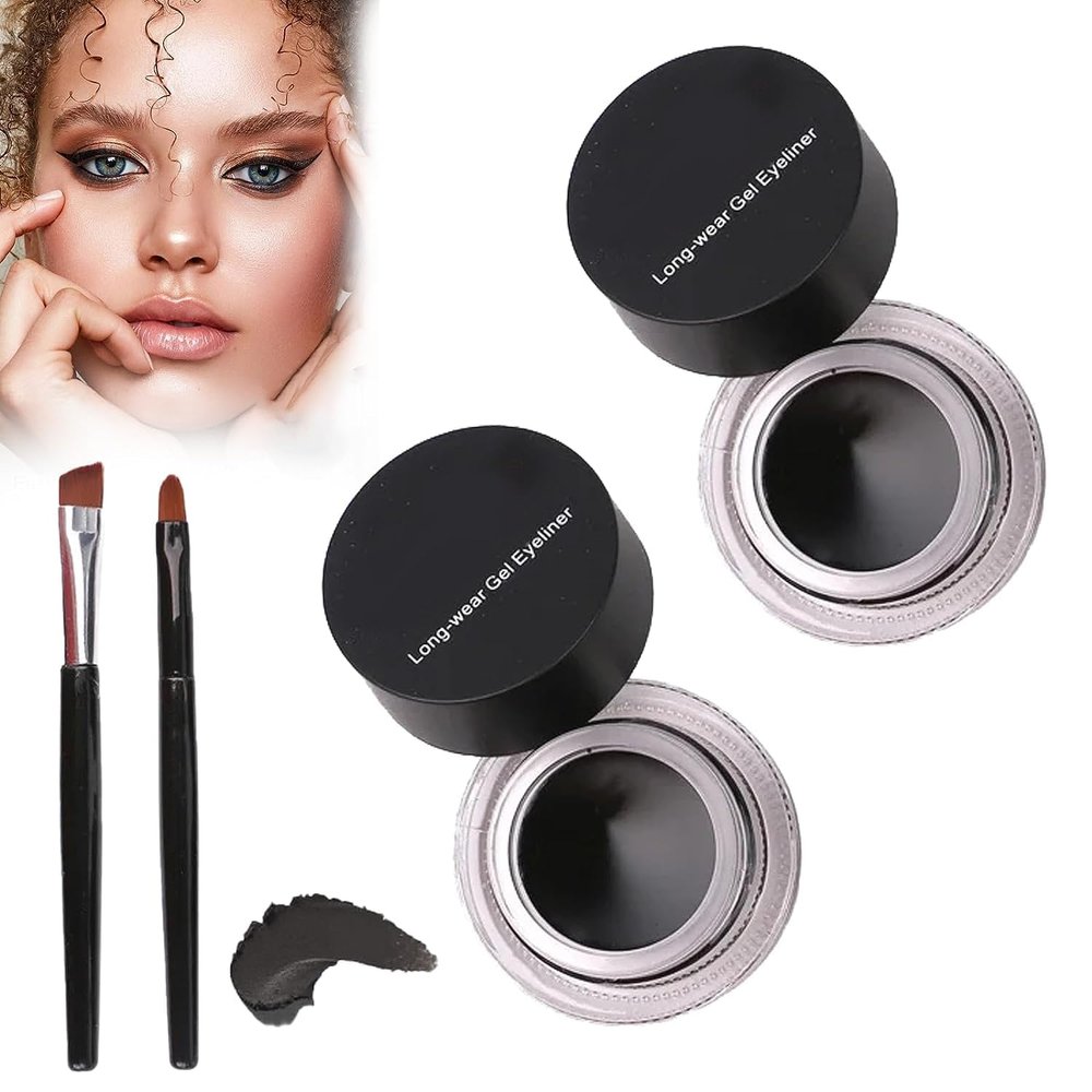 Dual Colour Waterproof Eyeliner 2 Bottles Pack,2 in 1 Eyeliner Eyebrow Cream Set,With 2pcs Brushes, Long-lasting, Smudge-proof (Black*2)