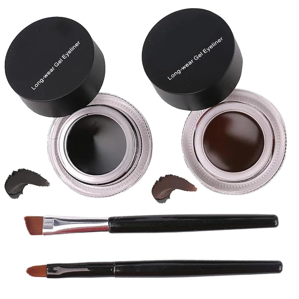Dual Colour Waterproof Eyeliner 2 Bottles Pack,2 in 1 Eyeliner Eyebrow Cream Set,With 2pcs Brushes, Long-lasting, Smudge-proof (Black+Brown)