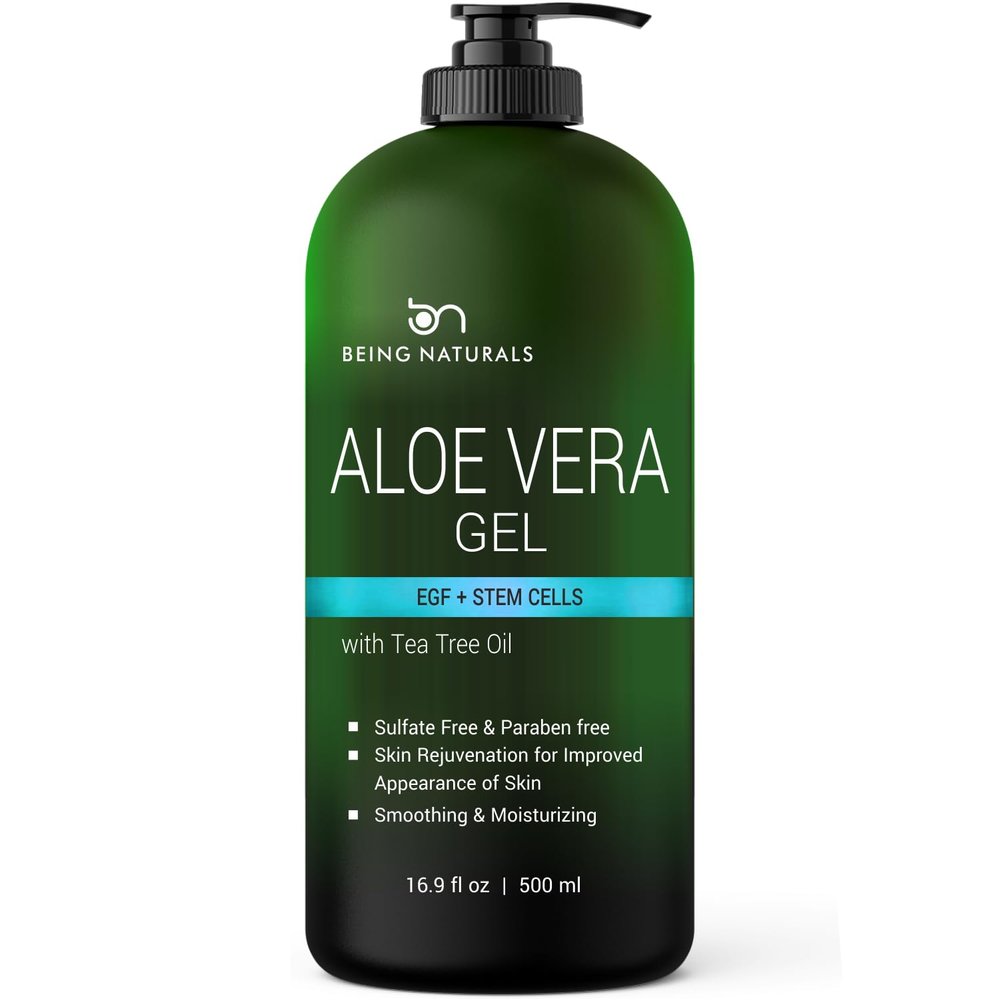 Being Naturals Aloe vera Gel - from 100% Pure Organic Aloe Infused with EGF, Stem Cell, Rosemary Oil - Natural Raw Moisturizer for Face, Body, Hair. Perfect for Sunburn, Acne, Razor Bumps 16.9 fl oz