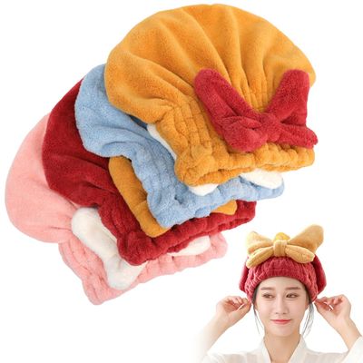 AMALLI Cute Big Bow Super Absorbent Hair Towel Wrap for Wet Hair, Microfiber Hair Drying Caps Wrap with Bow-Knot, Thick Absorbent SPA Wrap Bow Hat for Curly Long Wet Hair for Women (4-Pack, All Four)