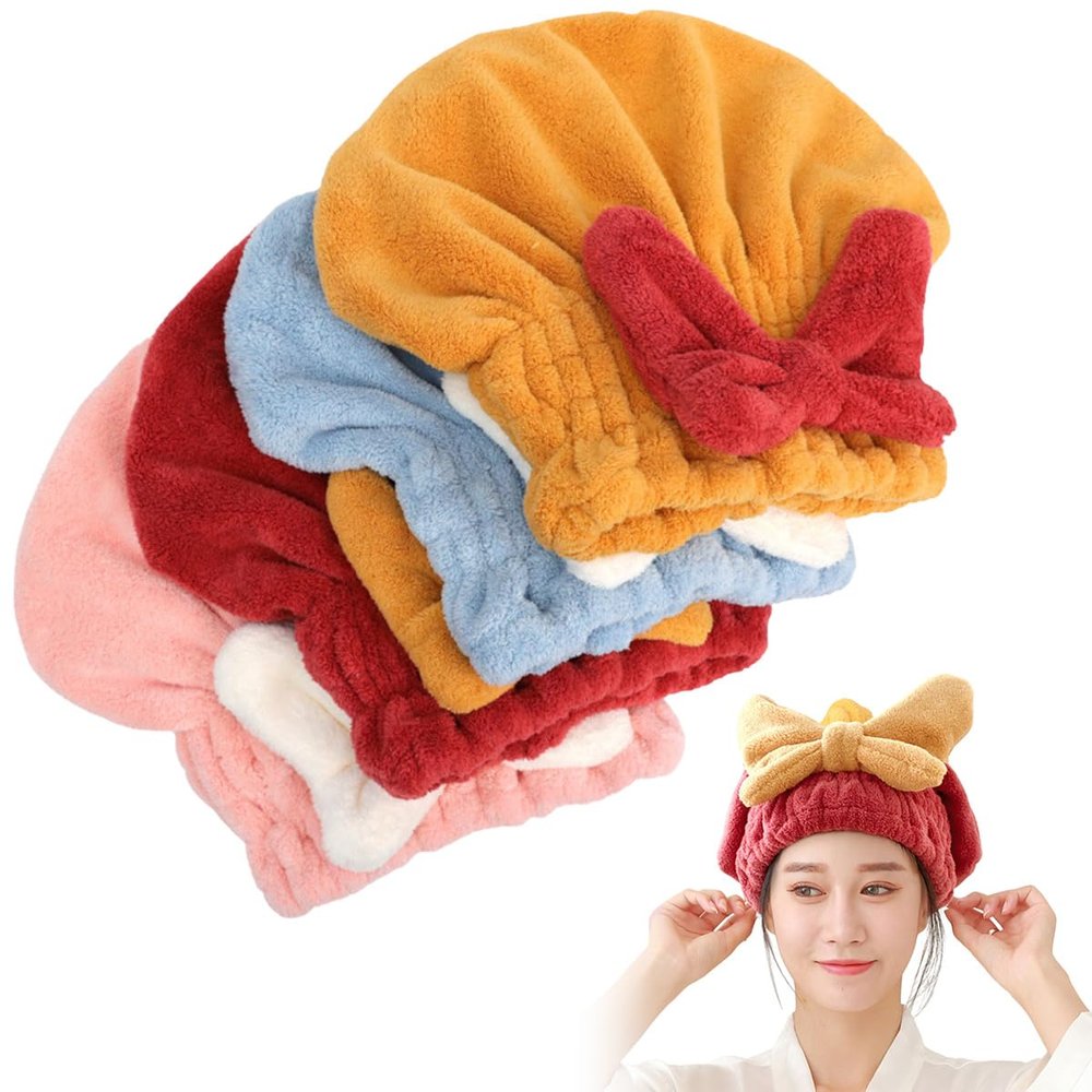 AMALLI Cute Big Bow Super Absorbent Hair Towel Wrap for Wet Hair, Microfiber Hair Drying Caps Wrap with Bow-Knot, Thick Absorbent SPA Wrap Bow Hat for Curly Long Wet Hair for Women (4-Pack, All Four)