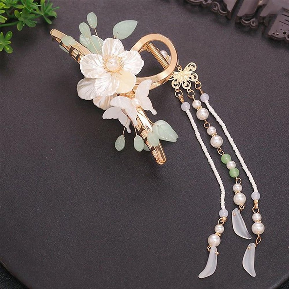 1Pc Retro Flower Tassel Hair Clip Hanfu Style Hair Accessories Hair Claw Pearl Clip For Women Girls