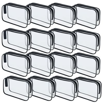 16 Pieces Clear Makeup Bags Bulk, TSA Approved Toiletry Bag for Travel, PVC Waterproof Travel Pouches Clear Pouch with Zipper for Men and Women Carry-on Travel Essentials Cosmetic Bags (Black-M)