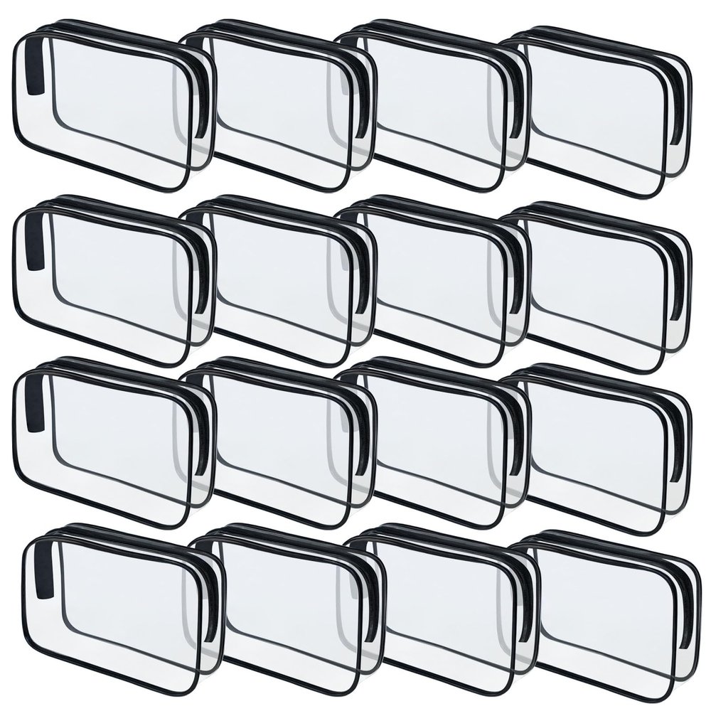 16 Pieces Clear Makeup Bags Bulk, TSA Approved Toiletry Bag for Travel, PVC Waterproof Travel Pouches Clear Pouch with Zipper for Men and Women Carry-on Travel Essentials Cosmetic Bags (Black-M)