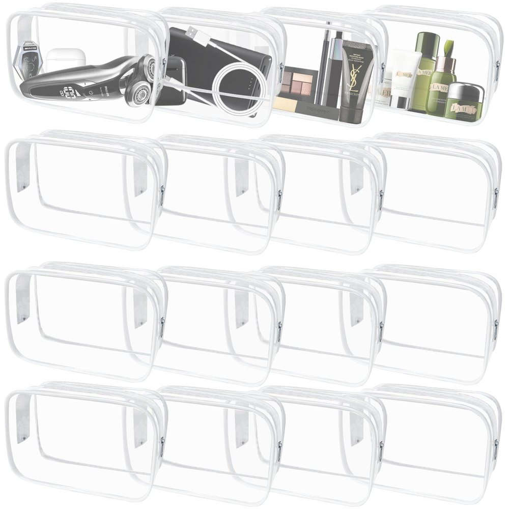 16 Pieces Clear Makeup Bags Bulk, TSA Approved Toiletry Bag for Travel, PVC Waterproof Cosmetic Pouches Clear Pouch with Zipper for Men and Women Carry-on Travel Essentials Cosmetic Bags (White-M)